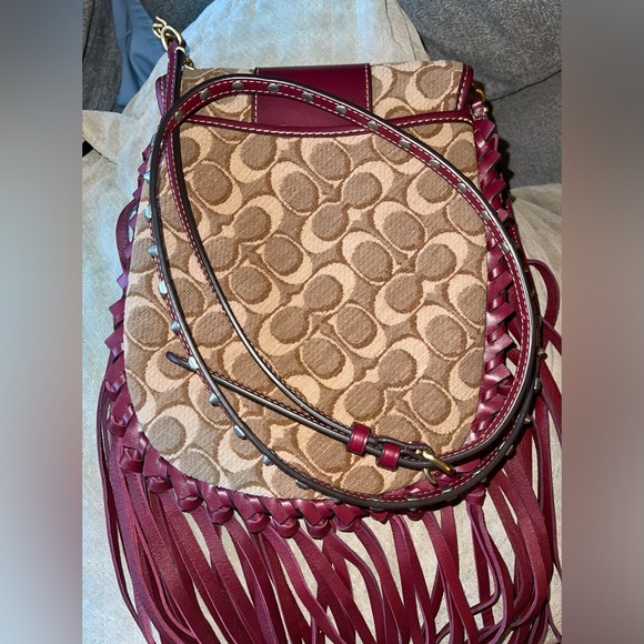 Coach Fringe Saddle Bag In Signature Jacquard With Pyramid Rivets - Picture 12 of 14
